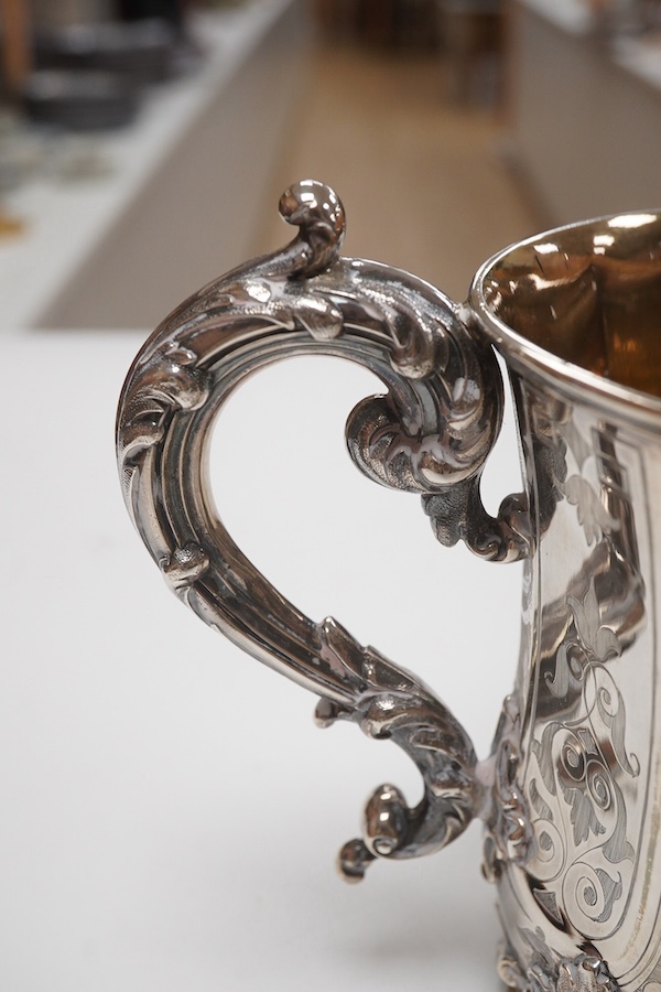 A George II provincial silver tankard by John Langlands I, with later engraved inscription, Newcastle, 1746, 12.3cm, 10.2oz. Condition - fair